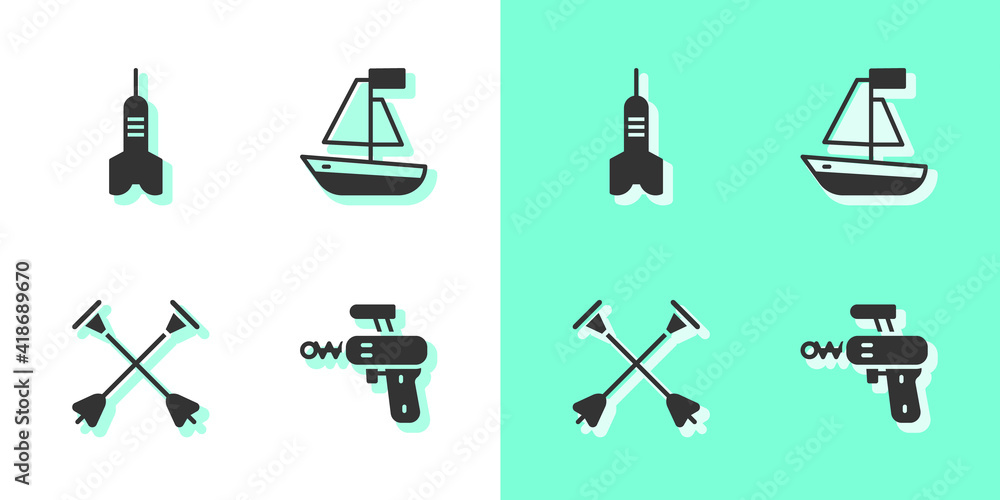 Poster set ray gun, dart arrow, arrow with sucker tip and toy boat icon. vector.