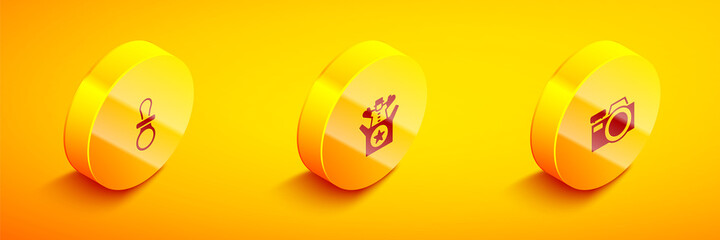Set Isometric Baby dummy pacifier, Jack in the box toy and Photo camera icon. Vector.