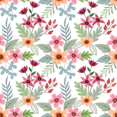 Colorful hand draw flowers seamless pattern on white color background for fabric textile wallpaper.