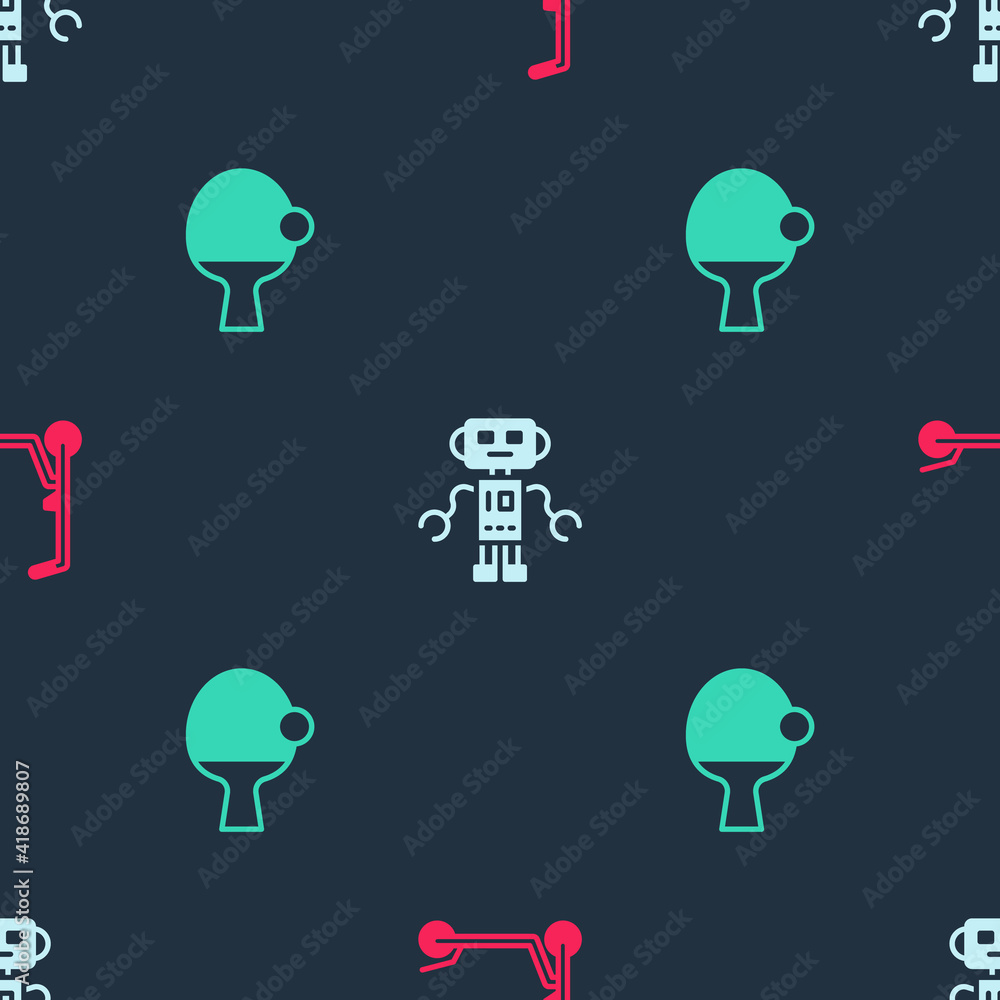 Poster set scooter, robot toy and racket and ball on seamless pattern. vector.