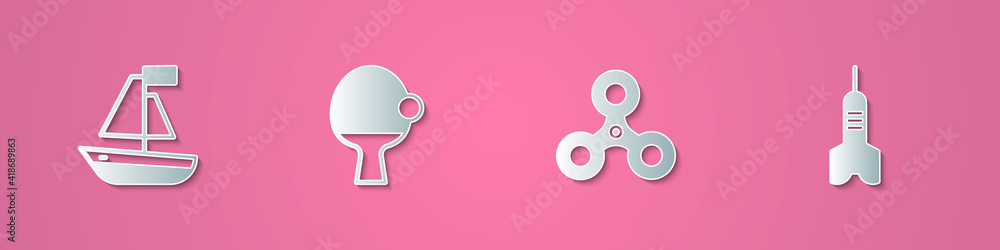 Poster set paper cut toy boat, racket and ball, fidget spinner and dart arrow icon. paper art style. vector