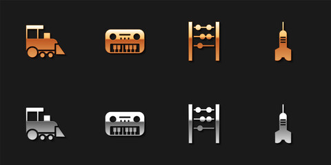 Set Toy train, piano, Abacus and Dart arrow icon. Vector.