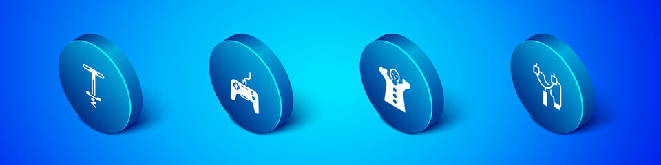 Set Isometric Pogo stick jumping toy, Toy puppet doll on hand, Slingshot and Gamepad icon. Vector.