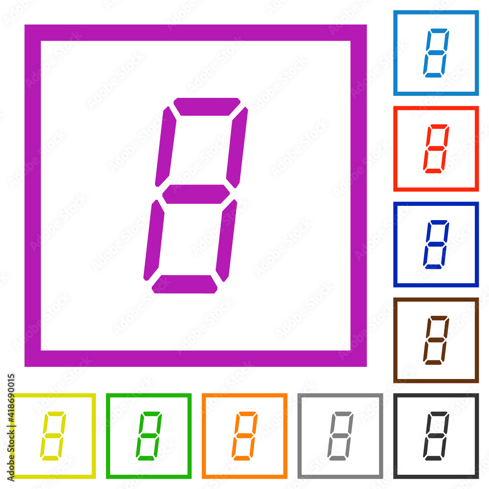 Poster digital number eight of seven segment type flat framed icons