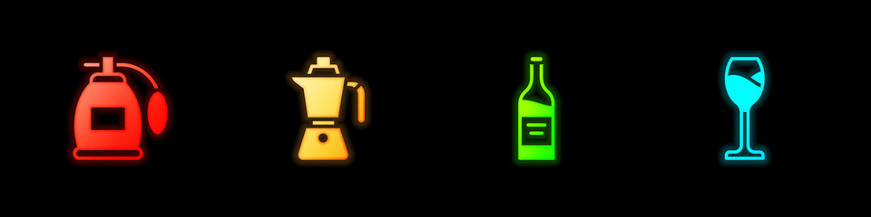 Obraz premium Set Perfume, Coffee moca pot, Bottle wine and Wine glass icon. Vector.