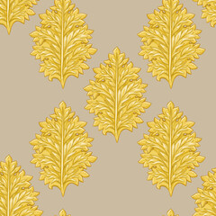 Golden acanthus leaf seamless pattern background, textile and packaging design - obrazy, fototapety, plakaty