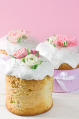 Easter background-easter cakes decoraited flowers, pink background. Template for greeting card