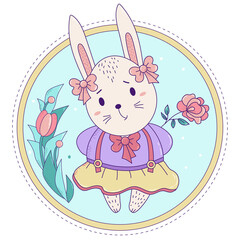 Obraz na płótnie Canvas Cute rabbit. Easter bunny girl with bows and in a skirt with a rose on a decorative floral background. Vector illustration. Happy Easter greeting card, birthday, for print and design