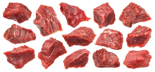 Cubes of raw beef isolated on white background