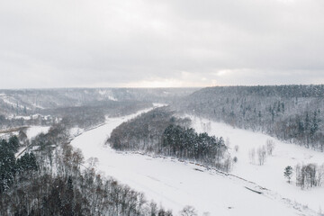 Snowy mountain river valley in Sigulda, Latvia