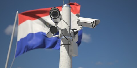 Naklejka na ściany i meble Flag of Paraguay and four security cameras, 3d rendering