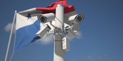 Naklejka na ściany i meble Security cameras near flag of Panama, 3d rendering