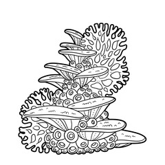 Sponges with corals coloring book linear drawing isolated on white background