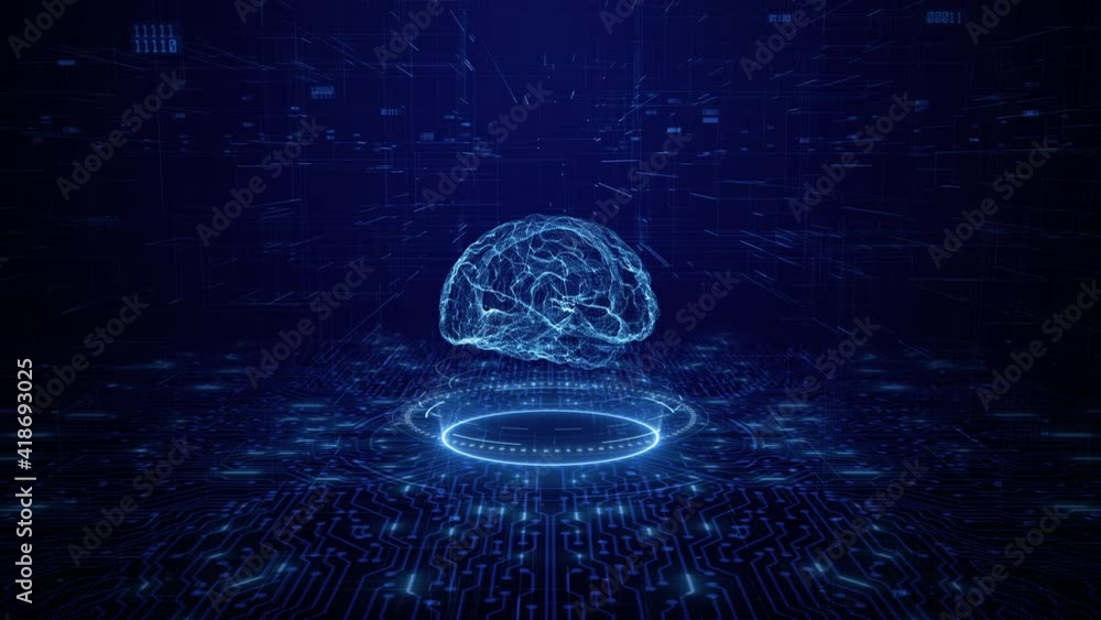 Poster artificial intelligence concept. brain over circuit board. hud and technology connection data analys