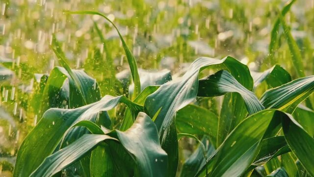 water droplet on leaf corn in the agricultural garden by water springer, slow motion close-up shots