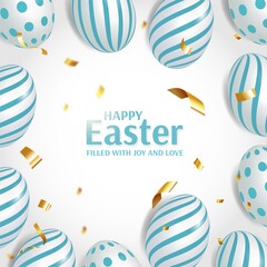 Easter poster and card template with realistic eggs and realistic golden confetti on a white background. Vector illustration of happy Easter holiday. Promotion and shopping template for Easter Day.
