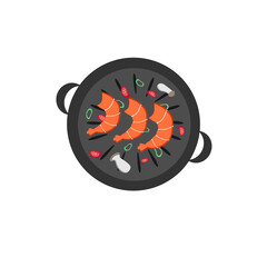 vector drawing on white background smokeless grill pan, shrimp, jalapeno pepper, leek, mushrooms, grilled shrimp