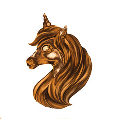Gold unicorn isolated at white background. Magical fairy creature.