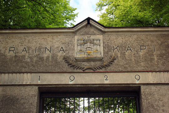 RIGA, LATVIA - JULY 10, 2017: Entrance to old Rainis Cemetery, named after the famous Latvian poet, playwright, translator, and politician Janis Plieksans.