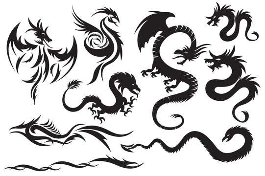 Tribal dragons. Set of the Chinese dragons, tribal tattoo