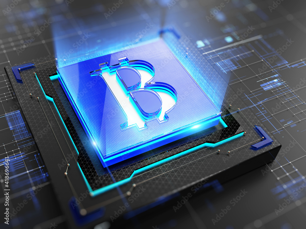 Aufkleber bitcoin concept - bitcoin blue symbol on abstract technology background - 3d rendering