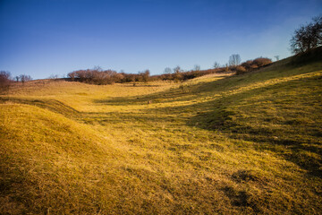 valley of hills at countryside with blue sky perfect scene for hiking and travel at fall days