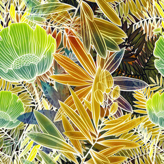 Imprints mix tropical leaves and flowers seamless pattern.