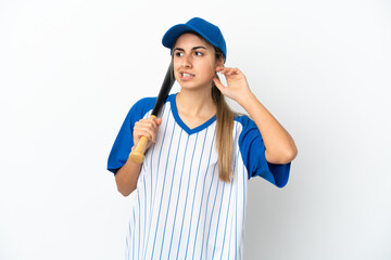 Young caucasian woman playing baseball isolated on white background having doubts