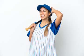Young caucasian woman playing baseball isolated on white background smiling a lot