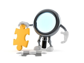 Magnifying glass character with jigsaw puzzle