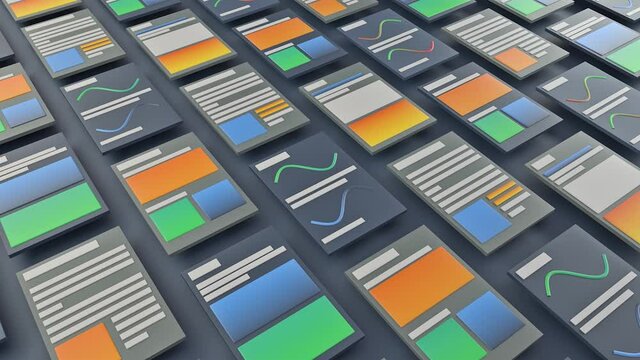 Abstract visualization of magazine pages with schematic view of articles. Animation. Concept of social media and journalism.