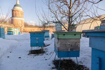 hives in winter on the territory of the monastery. multi-colored hives in the snow. Colored bee...