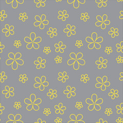 Abstract bright graphic minimalistic vector seamless pattern with stylish yellow flowers on grey background. Floral modern print. Great for fabric, wallpaper, textile, wrapping. Vector illustration.
