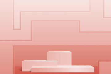 Podium with three steps for presentation. A minimalistic pink scene made of rectangular elements on an abstract background of geometric shapes. Vector in the style of realism.