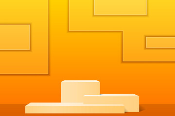 A bright yellow composition with a three-stage scene. Product podium for exhibition and presentation. Vector in the style of realism.