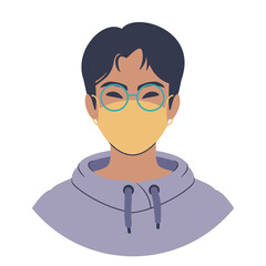 Portrait of a young man in a colourful hoodie. Cartoon teenager avatar. Flat style illustration. 