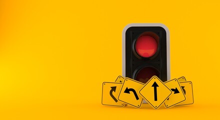 Red traffic light with road signs - 418698090