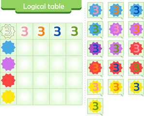  Logic puzzle game for children. Fill in empty cells. Reusable game