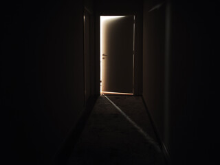 Door to the light in a dark corridor - Powered by Adobe