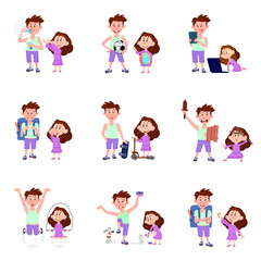 Flat characters boy and girl playing - family scenes from the life of brother and sister.