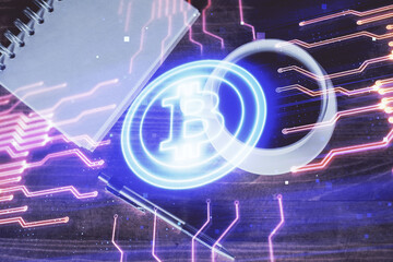 Multi exposure of crypto theme drawing and work table top veiw. Concept of blockchain technology in business.