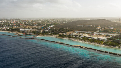 Fototapeta na wymiar Aerial view above scenery of Curacao, Caribbean with ocean and coast near Willemstad