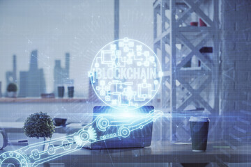 Double exposure of crypto technology theme drawing and office interior background. Concept of blockchain.