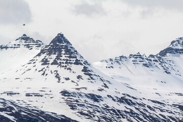 Snowy mountain summits at Thjodvegur road
