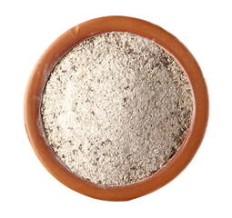 Buckwheat integral flour in clay pot, bowl isolated on white background , top view