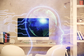 Multi exposure of brain drawing and office interior background. Concept of data technology.