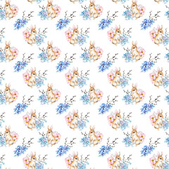 Watercolor  seamless Easter Patterns, seamless pattern with bunny and flowers