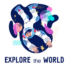 Explore the world banner or poster concept for Cosmonautics day or planetarium astronomy educational program with astronaut in space. Universe research and space exploration, cartoon vector.