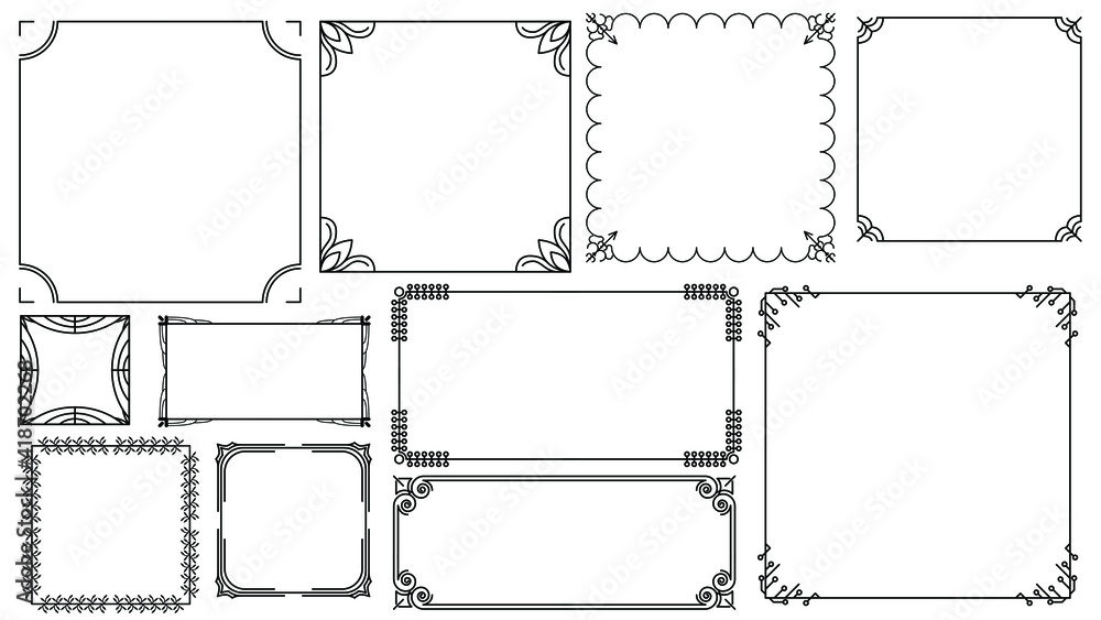 Poster set black simple line frame collection doodle square floral frame elements vector design style sketc