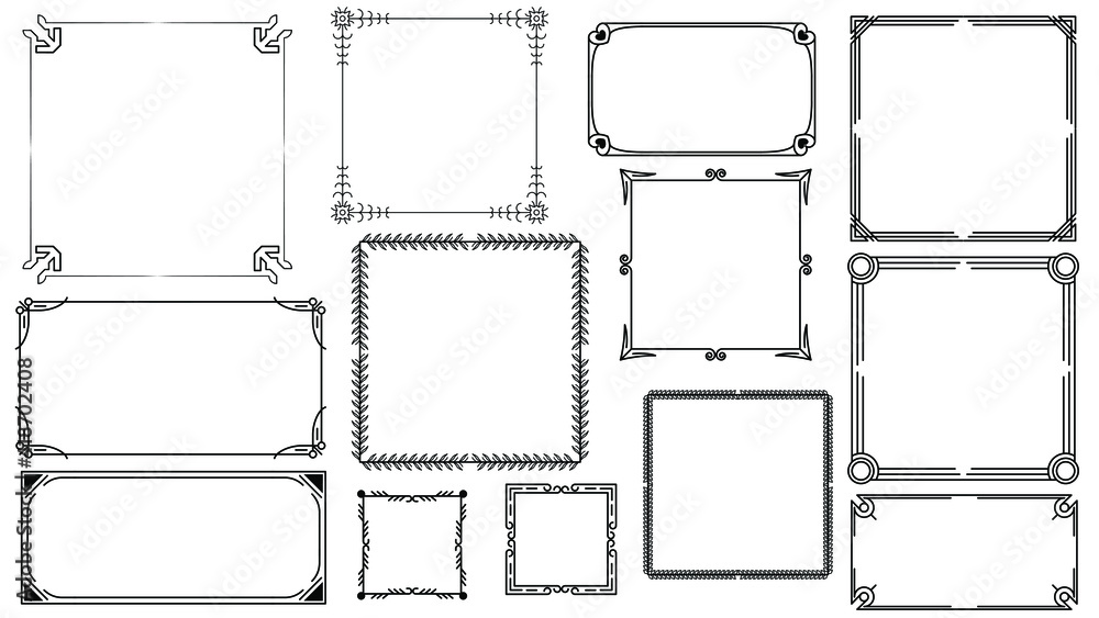 Poster set black simple line frame collection doodle square floral frame elements vector design style sketc